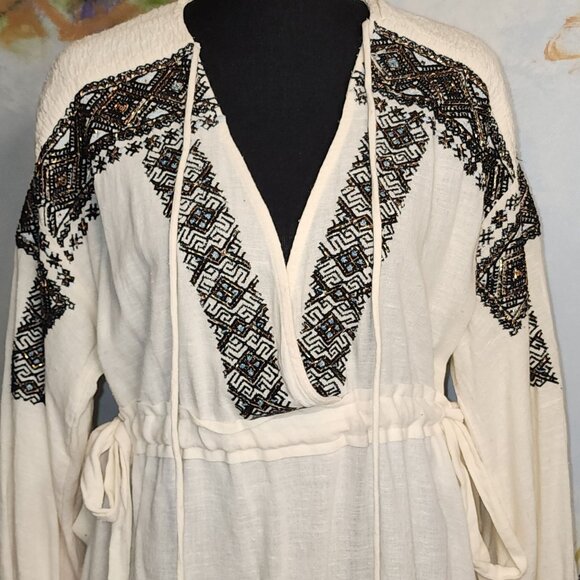 FreePeople Moonshiner Mini Embroidered Beaded Long Sleeve Dress With Tie Waist & - Picture 4 of 9
